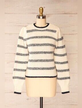 Striped Puff-Sleeve Crewneck Sweater in White & Navy Blue